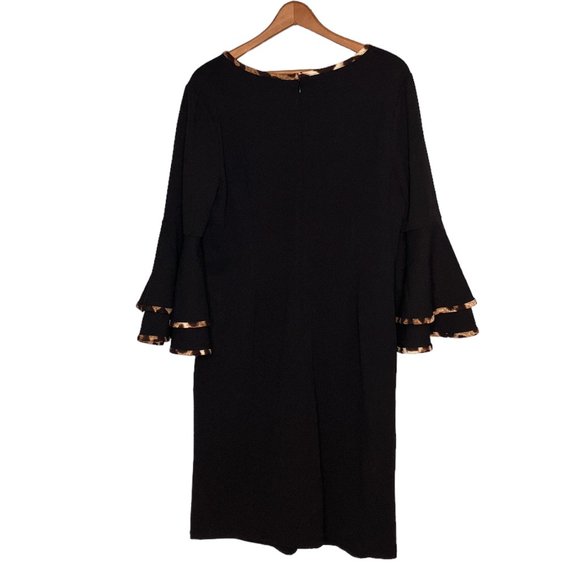 Cato 14 Black Leopard Trim Double Bell Sleeve V-Neck Stretch Crepe Shift Dress - Picture 2 of 4